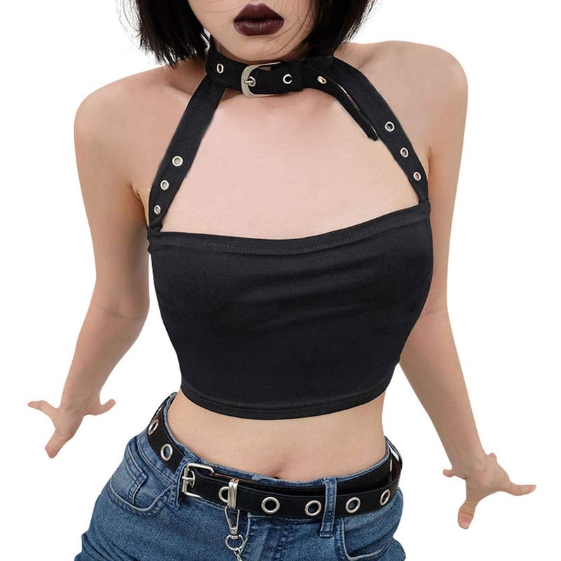 FlyCC Women Sexy Choker Buckle Halter Neck Crop Tube Top Rave Dance Cami Bandeau Tops Black B - Image 1